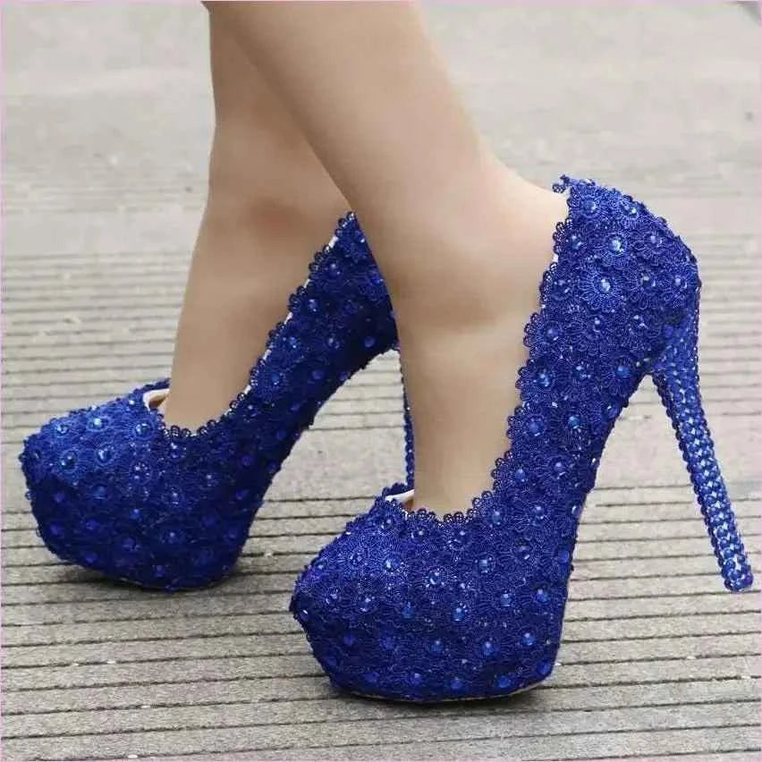 Royal Blue Lace Wedding Shoes with Rhinestones and Sequins - Pleasures and Sins