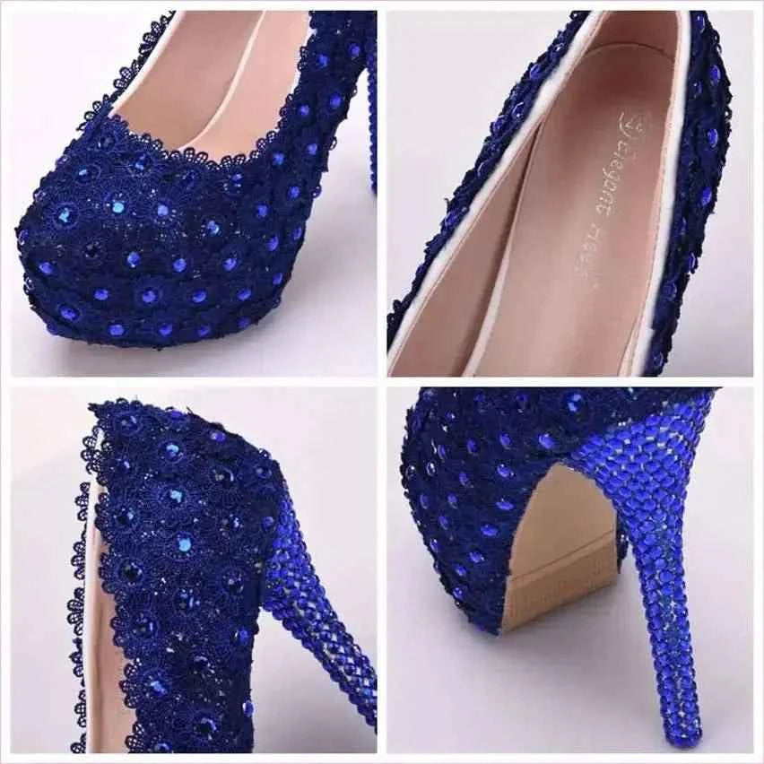 Royal Blue Lace Wedding Shoes with Rhinestones and Sequins - Pleasures and Sins