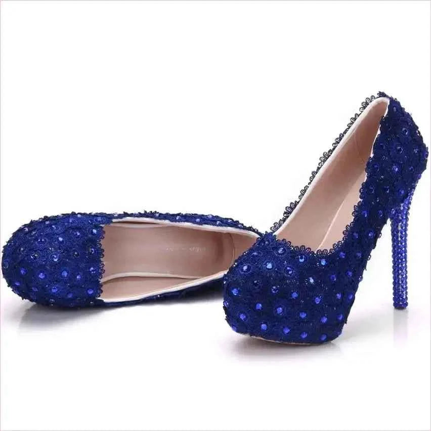 Royal Blue Lace Wedding Shoes with Rhinestones and Sequins - Pleasures and Sins