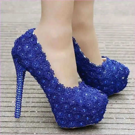 Royal Blue Lace Wedding Shoes with Rhinestones and Sequins - Pleasures and Sins