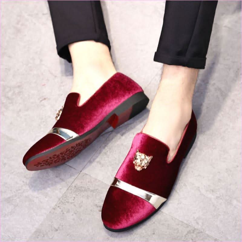 Royal Blue Velour Formal Shoes with Metal Lion Head Motif - Pleasures and Sins