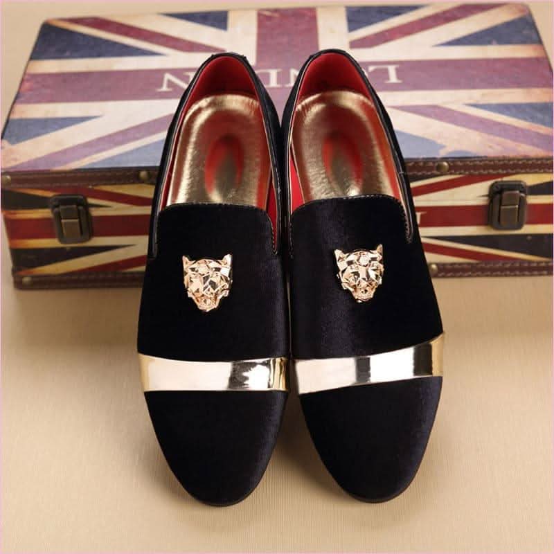 Royal Blue Velour Formal Shoes with Metal Lion Head Motif - Pleasures and Sins
