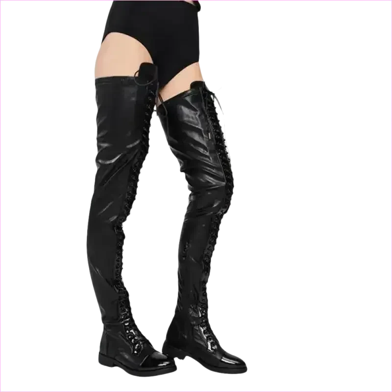 Shiny Black Lace-up Side Zip Low Heel Thigh Boots - Pleasures and Sins