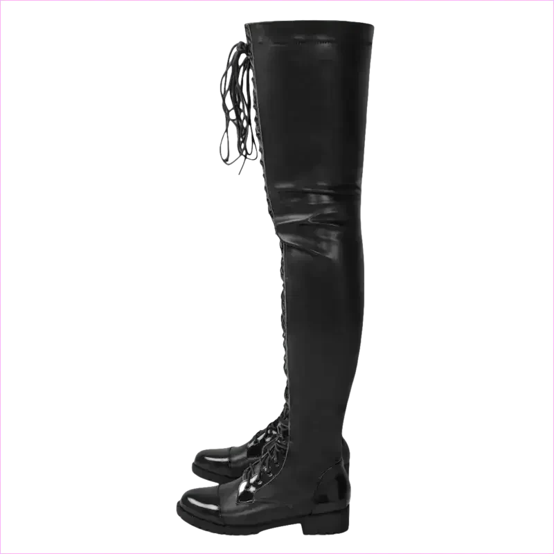 Shiny Black Lace-up Side Zip Low Heel Thigh Boots - Pleasures and Sins