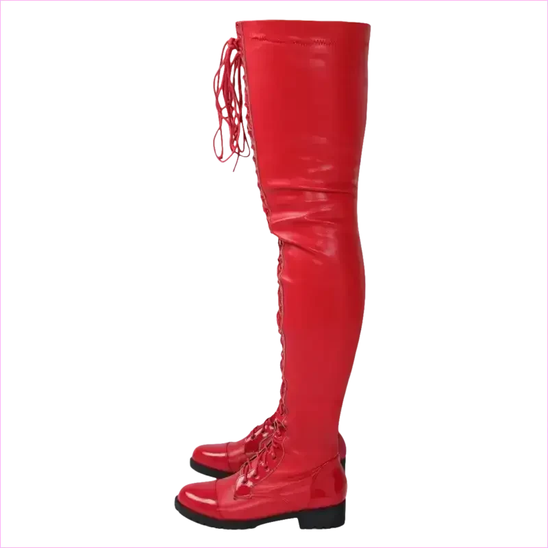 Shiny Black Lace-up Side Zip Low Heel Thigh Boots - Pleasures and Sins