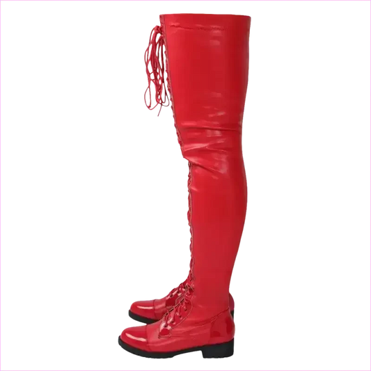 Shiny Black Lace-up Side Zip Low Heel Thigh Boots - Pleasures and Sins