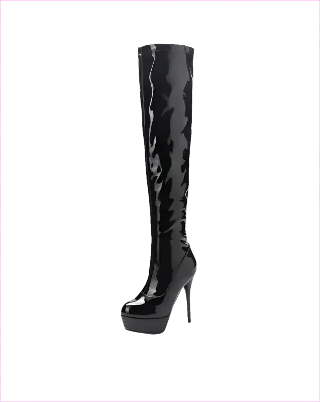 Shiny Black Patent Leather Knee Platform Stiletto Boots - Pleasures and Sins