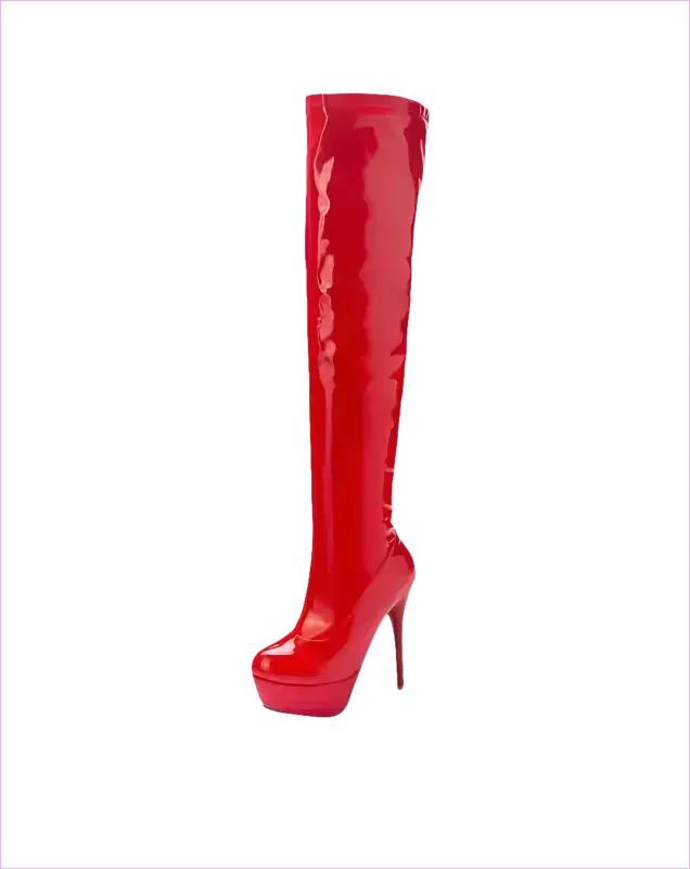 Shiny Black Patent Leather Knee Platform Stiletto Boots - Pleasures and Sins