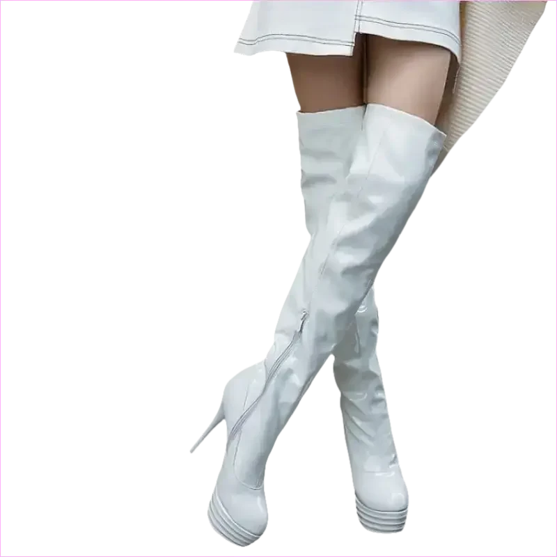 Shiny Black Patent Leather Knee Platform Stiletto Boots - Pleasures and Sins