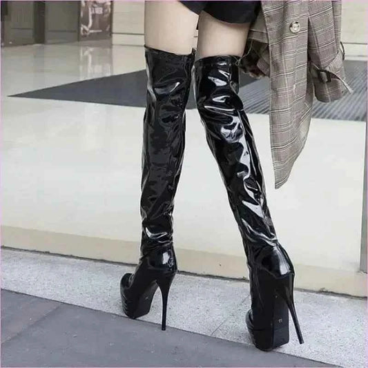 Shiny Black Patent Leather Knee Platform Stiletto Boots - Pleasures and Sins