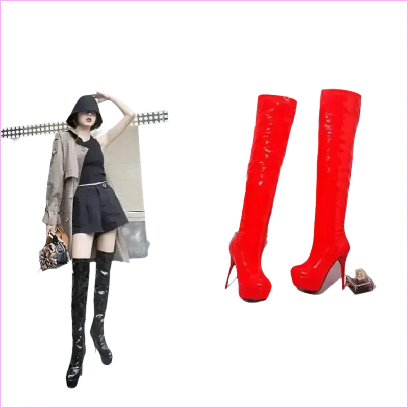 Shiny Black Patent Leather Knee Platform Stiletto Boots - Pleasures and Sins