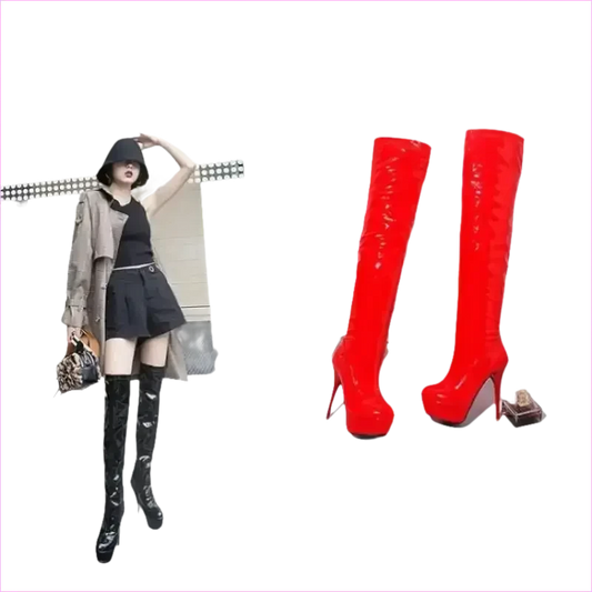 Shiny Black Patent Leather Knee Platform Stiletto Boots - Pleasures and Sins