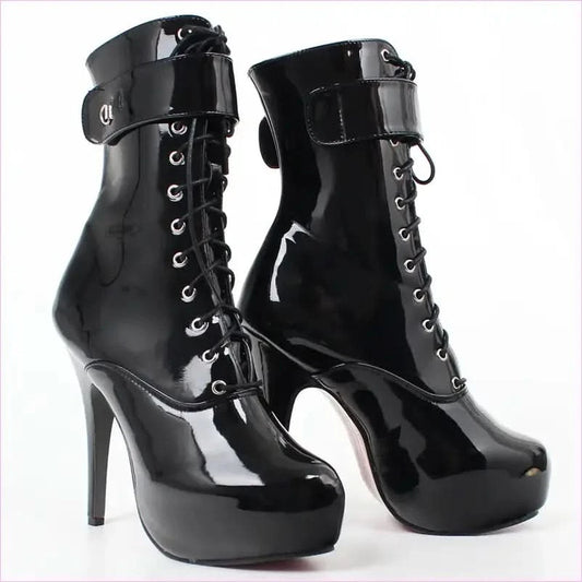 Shiny Black Patent Leather Platform Short Ankle Boots - Pleasures and Sins