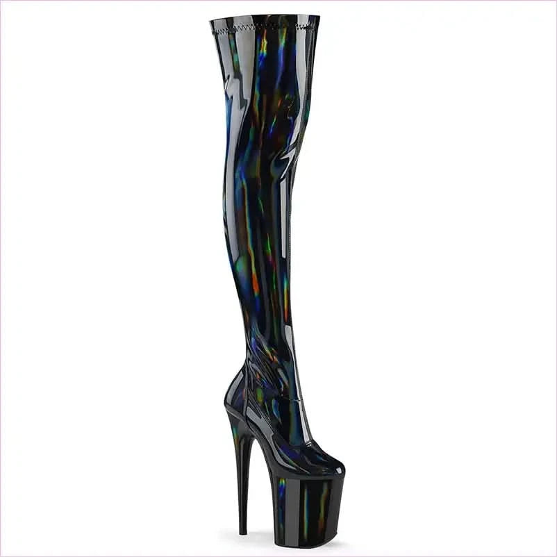 Shiny Black Patent Leather Thigh Length Boots with Iridescent Streaks - Pleasures and Sins