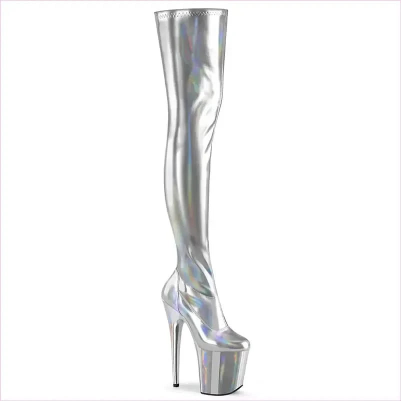 Shiny Black Patent Leather Thigh Length Boots with Iridescent Streaks - Pleasures and Sins
