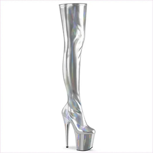 Shiny Black Patent Leather Thigh Length Boots with Iridescent Streaks - Pleasures and Sins