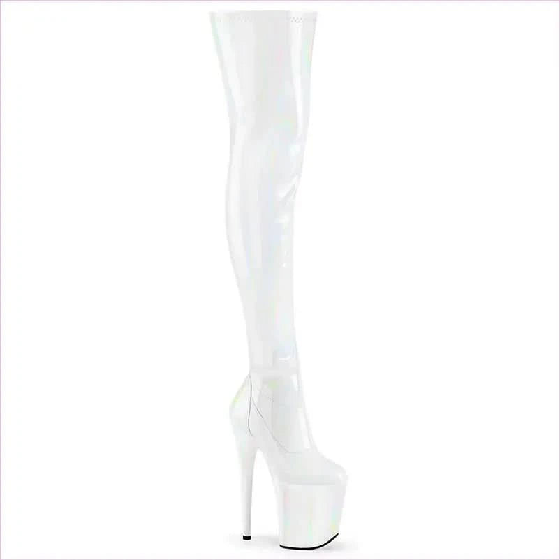 Shiny Black Patent Leather Thigh Length Boots with Iridescent Streaks - Pleasures and Sins