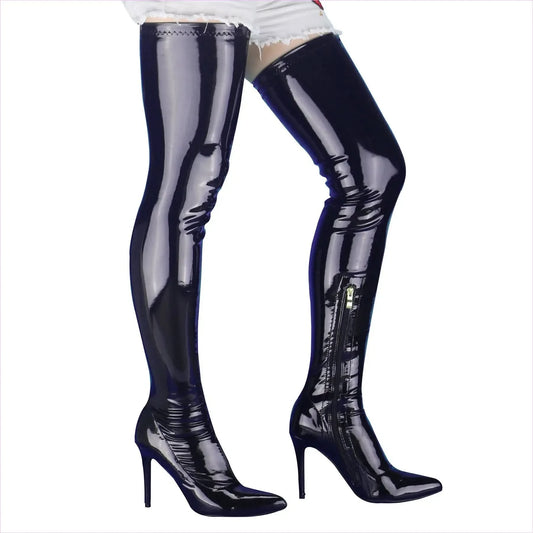 Shiny Black Slim High Heel Thigh Length Elastic Boots - Pleasures and Sins