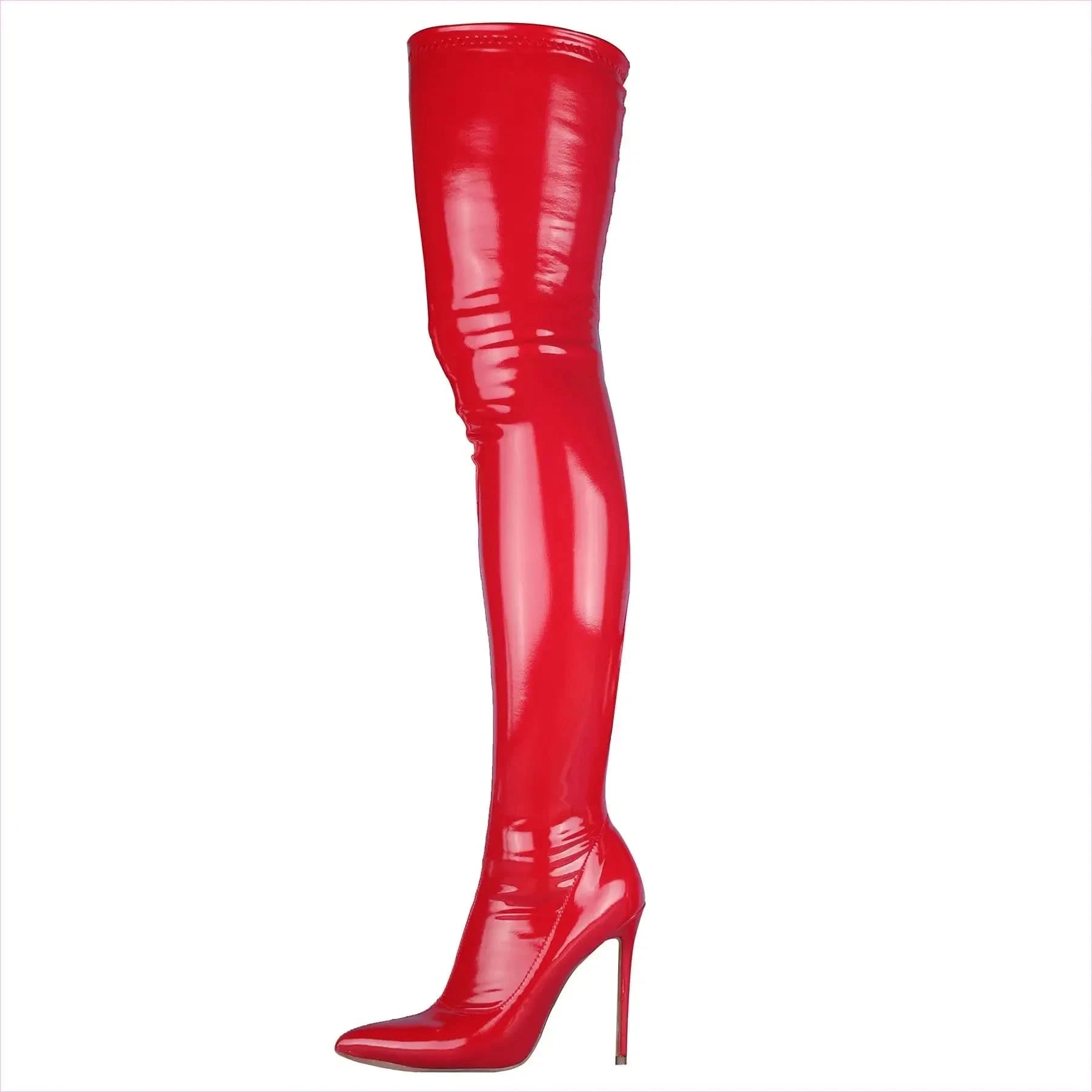 Shiny Black Slim High Heel Thigh Length Elastic Boots - Pleasures and Sins