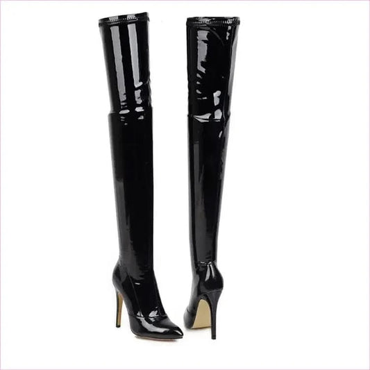 Shiny Black Thigh-high Patent Leather High Heel Womens Boots - Pleasures and Sins