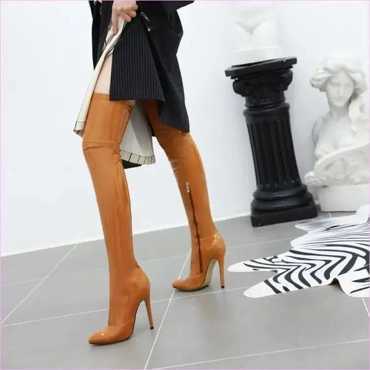Shiny Black Thigh-high Patent Leather High Heel Womens Boots - Pleasures and Sins