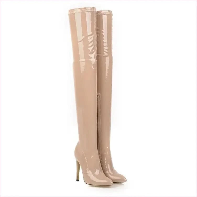 Shiny Black Thigh-high Patent Leather High Heel Womens Boots - Pleasures and Sins