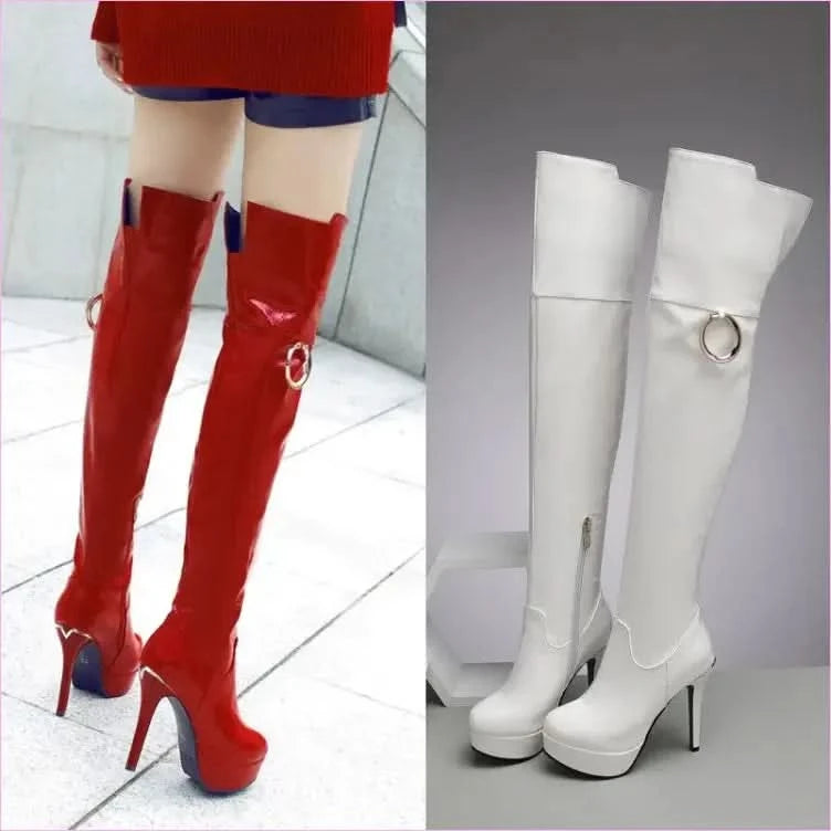 Shiny Black Unisex Platform High Heel Round Toe Knee Boots with Metal Ring - Pleasures and Sins