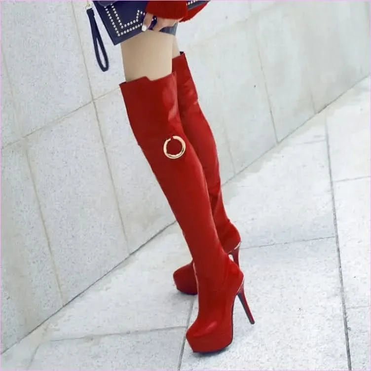 Shiny Black Unisex Platform High Heel Round Toe Knee Boots with Metal Ring - Pleasures and Sins