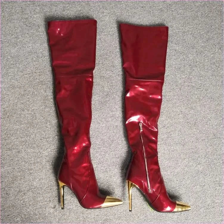 Shiny Burgundy Boots with Pointed Gold Toe for Bold Style - Pleasures and Sins