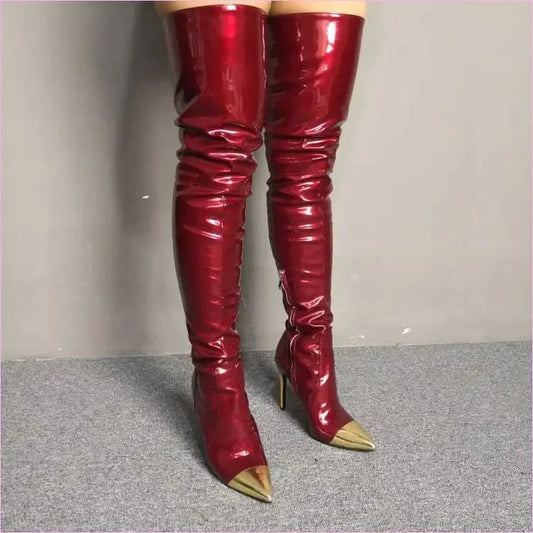 Shiny Burgundy Boots with Pointed Gold Toe for Bold Style - Pleasures and Sins