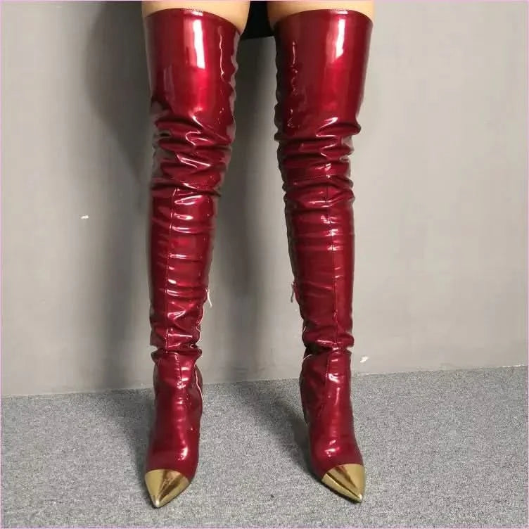 Shiny Burgundy Boots with Pointed Gold Toe for Bold Style - Pleasures and Sins