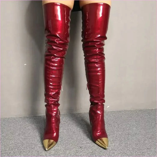 Shiny Burgundy Boots with Pointed Gold Toe for Bold Style - Pleasures and Sins