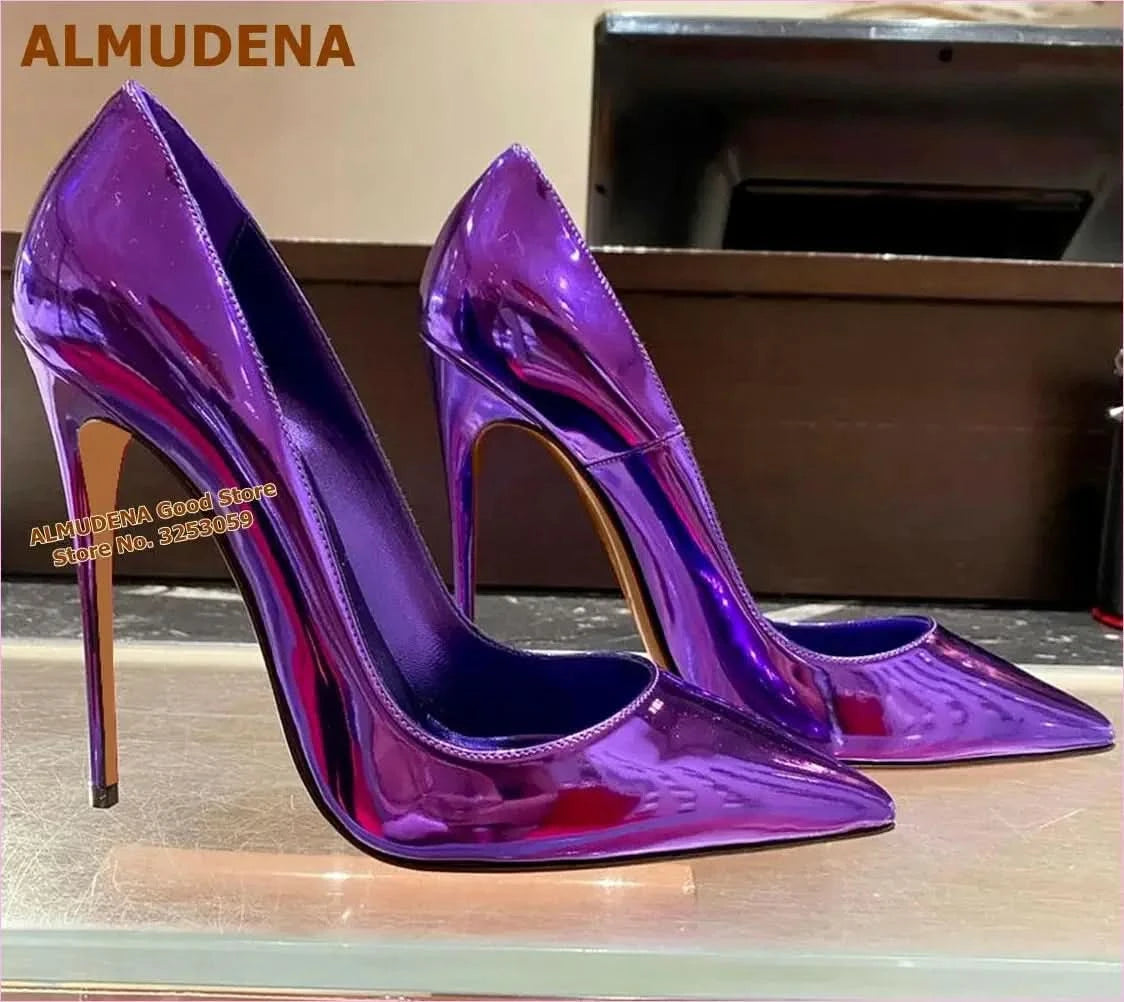Shiny Purple Patent Leather Hologram Stiletto High Heels - Pleasures and Sins