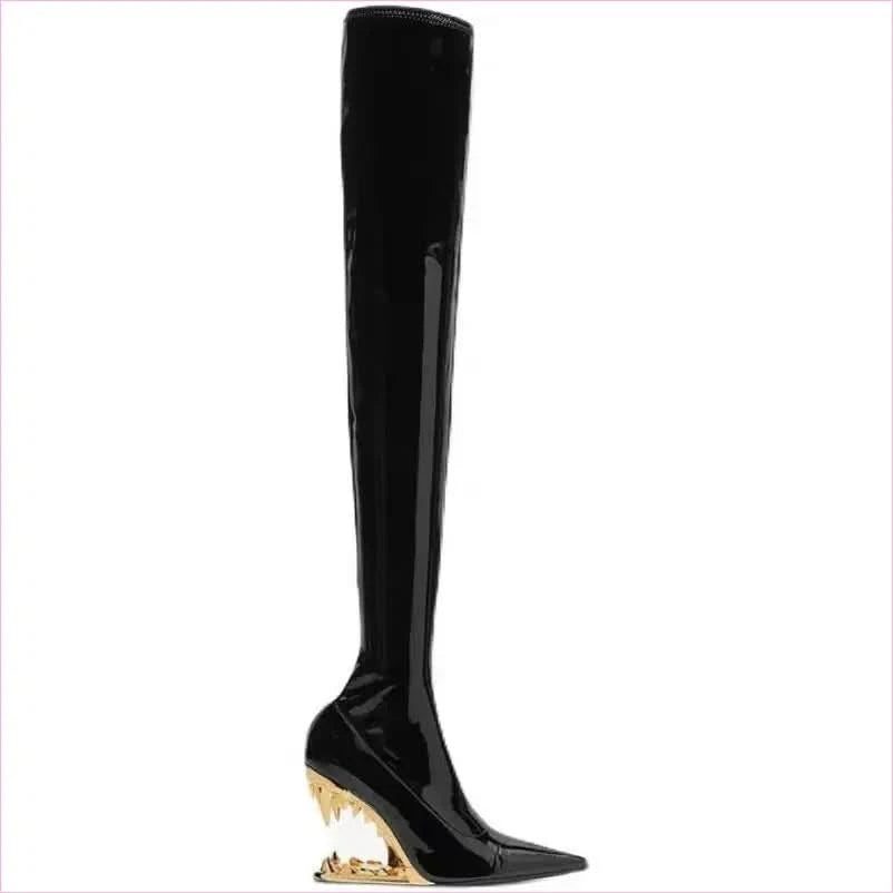 Shiny Red Fitted Luxury Thigh Length Boots with Shark Mouth Heels - Pleasures and Sins