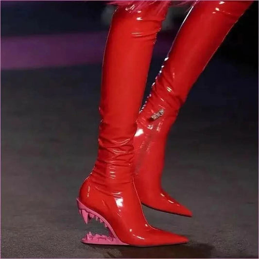 Shiny Red Fitted Luxury Thigh Length Boots with Shark Mouth Heels - Pleasures and Sins