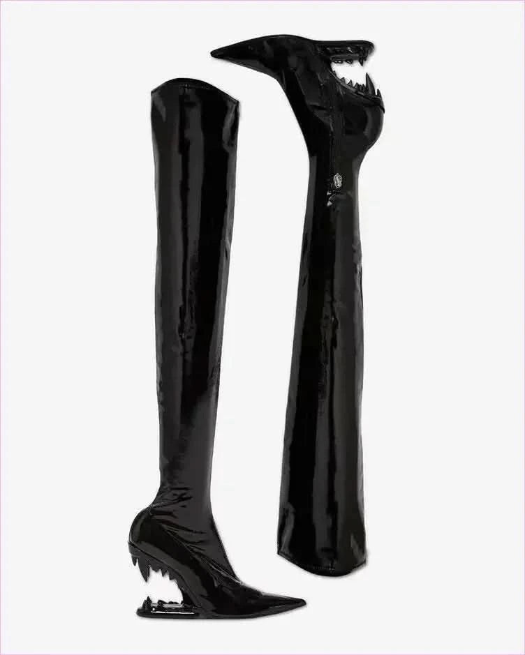 Shiny Red Fitted Luxury Thigh Length Boots with Shark Mouth Heels - Pleasures and Sins
