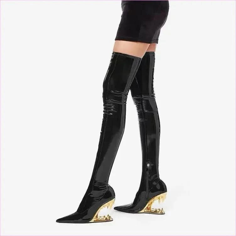 Shiny Red Fitted Luxury Thigh Length Boots with Shark Mouth Heels - Pleasures and Sins