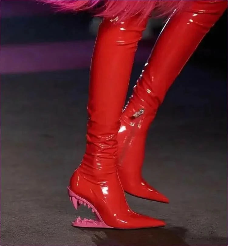 Shiny Red Fitted Luxury Thigh Length Boots with Shark Mouth Heels - Pleasures and Sins