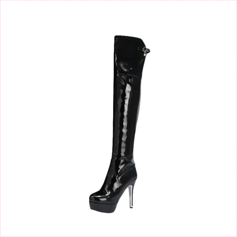 Shiny Red Patent Leather Knee High Heel Stiletto Boots - Pleasures and Sins