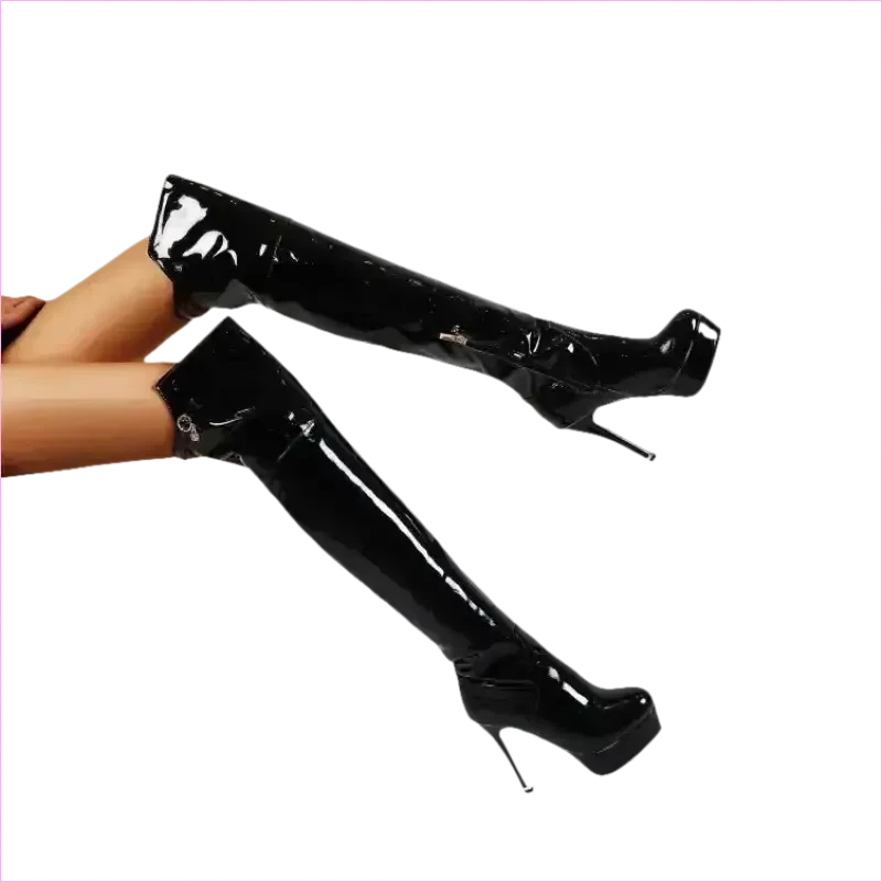 Shiny Red Patent Leather Knee High Heel Stiletto Boots - Pleasures and Sins