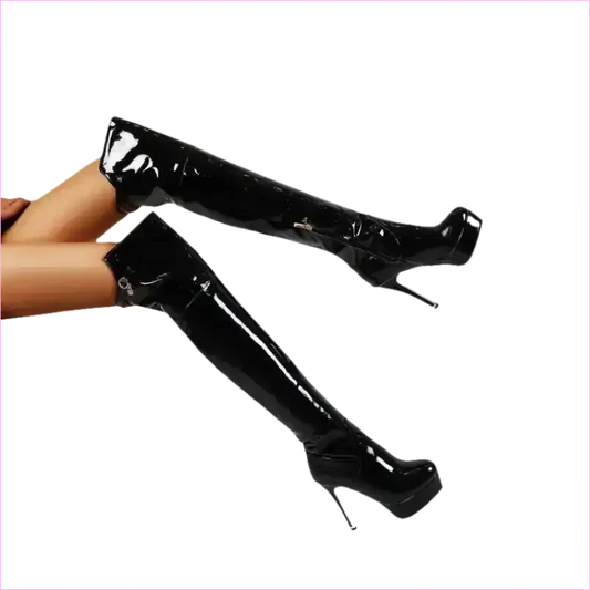 Shiny Red Patent Leather Knee High Heel Stiletto Boots - Pleasures and Sins
