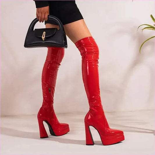 Shiny Red Skin Tight Patent Chunky Heel Thigh-high Boots - Pleasures and Sins