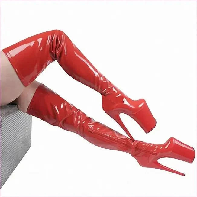 Shiny Red Thigh Length Platform Boots with 8 Inch Stiletto Heel - Pleasures and Sins