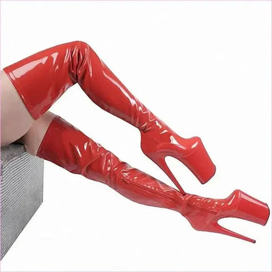 Shiny Red Thigh Length Platform Boots with 8 Inch Stiletto Heel - Pleasures and Sins