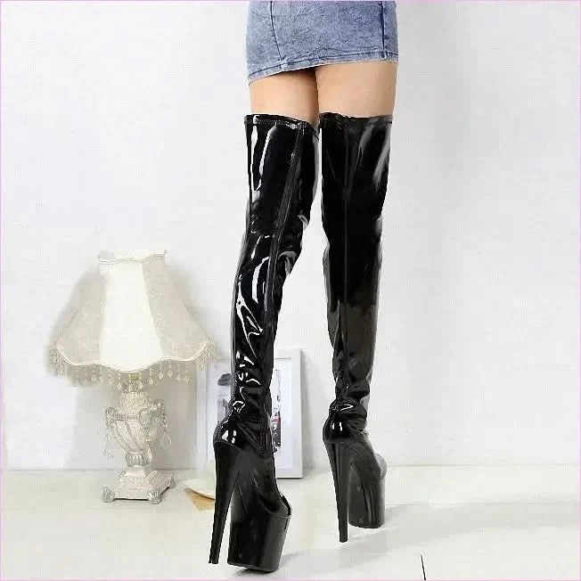 Shiny Red Thigh Length Platform Boots with 8 Inch Stiletto Heel - Pleasures and Sins
