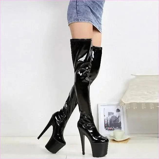 Shiny Red Thigh Length Platform Boots with 8 Inch Stiletto Heel - Pleasures and Sins