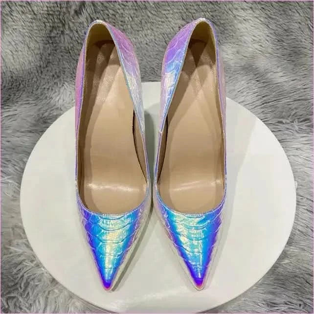 Shiny Silver Crocodile Effect Womens Pointy Toe High Heels - Pleasures and Sins