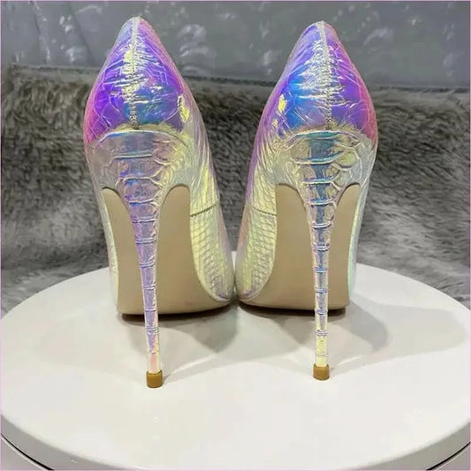 Shiny Silver Crocodile Effect Womens Pointy Toe High Heels - Pleasures and Sins