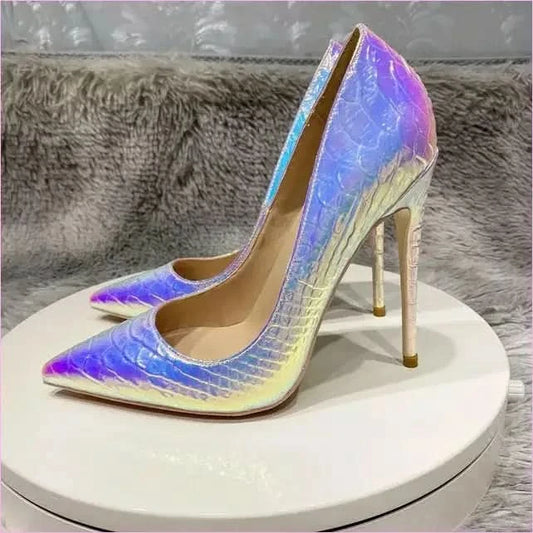Shiny Silver Crocodile Effect Womens Pointy Toe High Heels - Pleasures and Sins