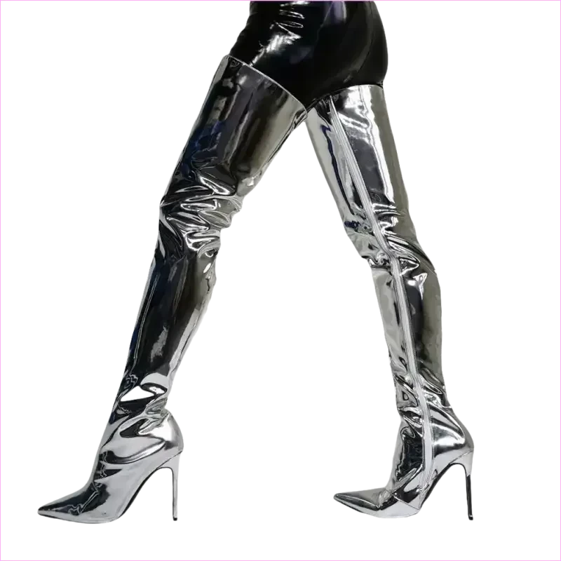 Shiny Silver Metallic Stiletto Patent Thigh High Unisex Boots - Pleasures and Sins